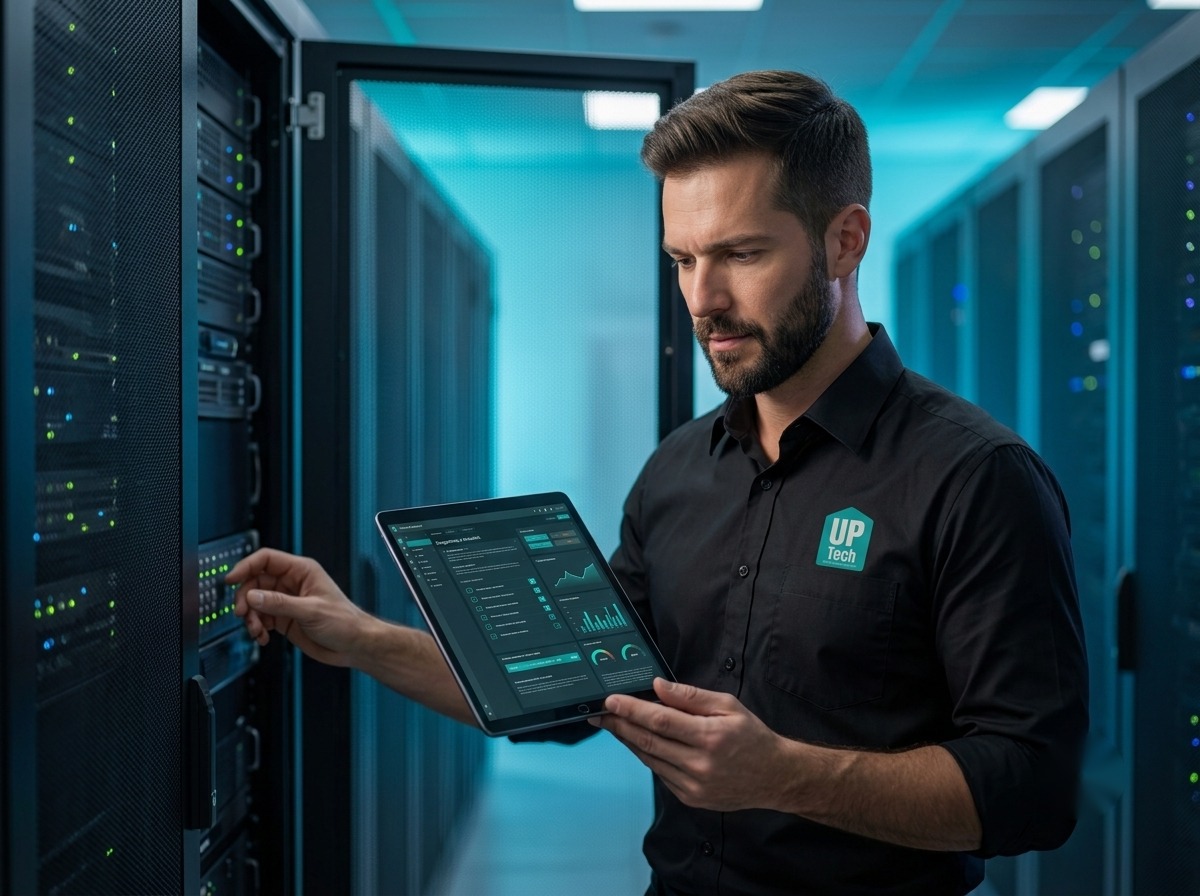 Técnico UP Tech realizando diagnóstico técnico em sala de servidores