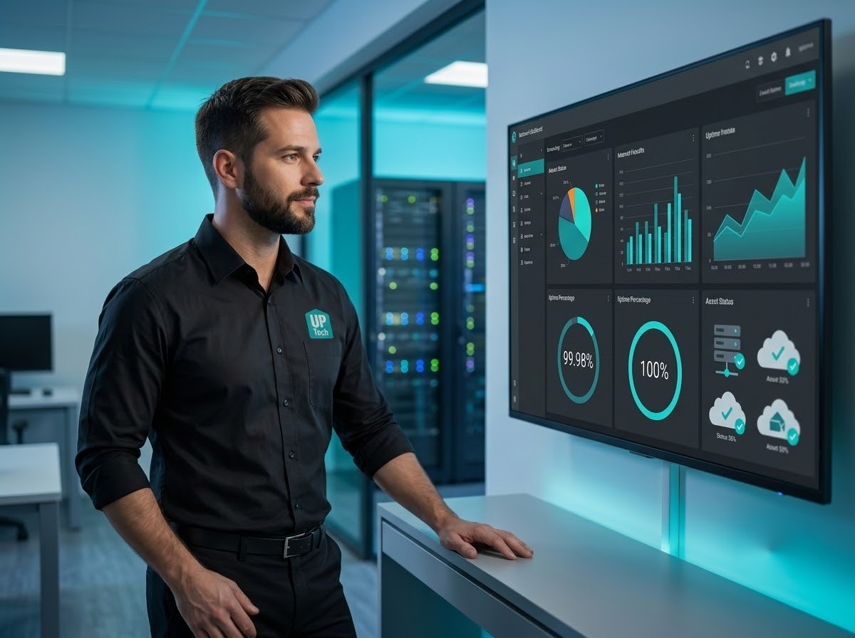 Técnico UP Tech acompanhando a gestão de TI com dashboards de desempenho