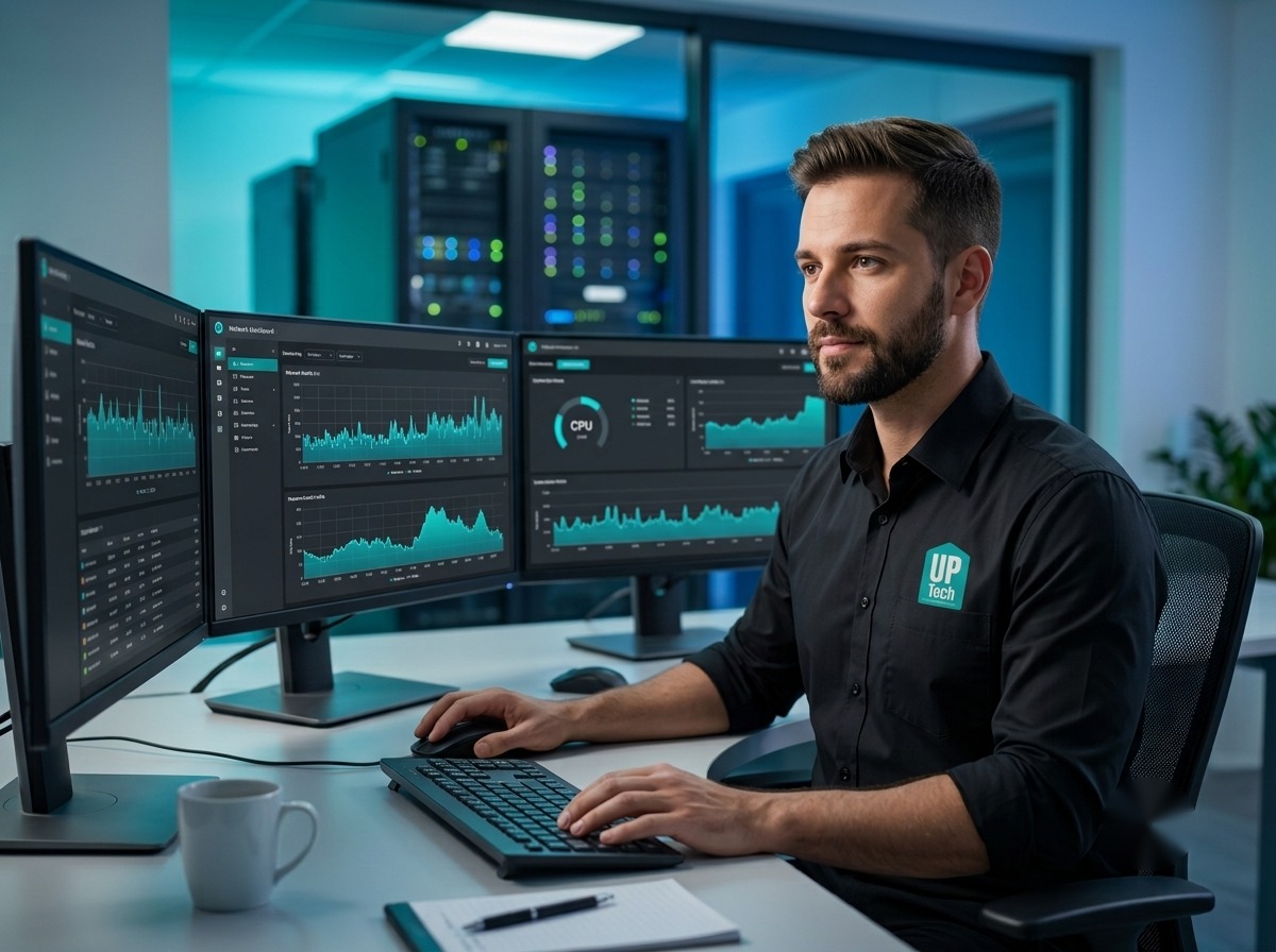 Técnico UP Tech monitorando infraestrutura de TI em tempo real