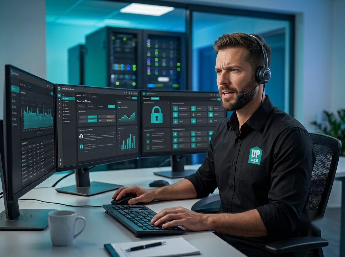 Técnico UP Tech prestando suporte via HelpDesk